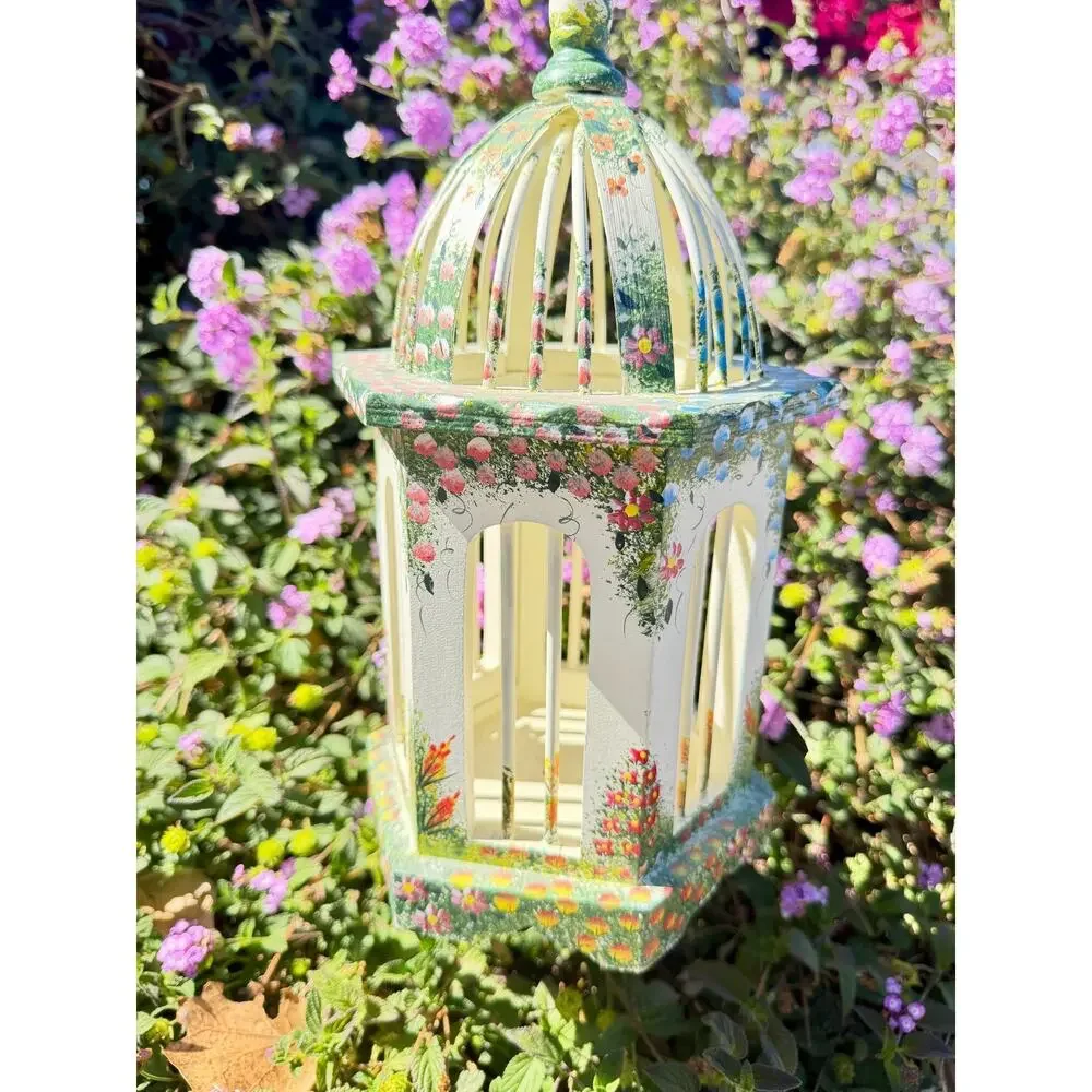 Hand Painted Wood Floral Birdcage Hanging Decor Folk Art Cottagecore Grandmacore